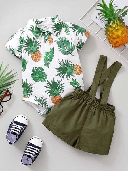 baby boy pineapple print bodysuit & suspender shorts she, White
baby boy pineapple print bodysuit & suspender shorts she, White