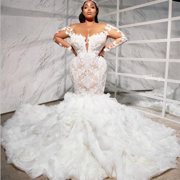 gorgeous plus size wedding dresses mermaid ruffles sweep train lace long sleeve bridal gowns plunging neckline fishtail wedding dress, White
gorgeous plus size wedding dresses mermaid ruffles sweep train lace long sleeve bridal gowns plunging neckline fishtail wedding dress, White