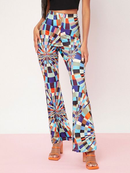 geo print high waist pants 89yx#, Black;white