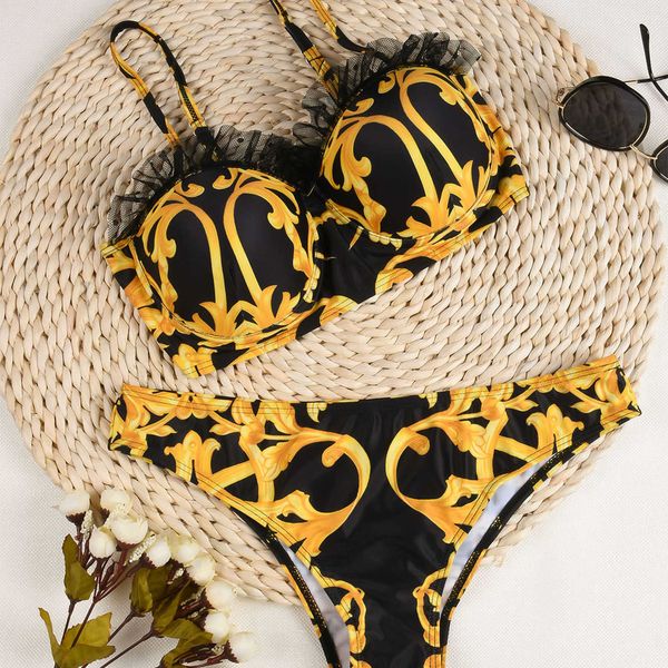 women's fashionable printed swimsuit ruffled lace decoration neckline triangle crotch slim swimwear for beach swimming, White;black
women's fashionable printed swimsuit ruffled lace decoration neckline triangle crotch slim swimwear for beach swimming, White;black