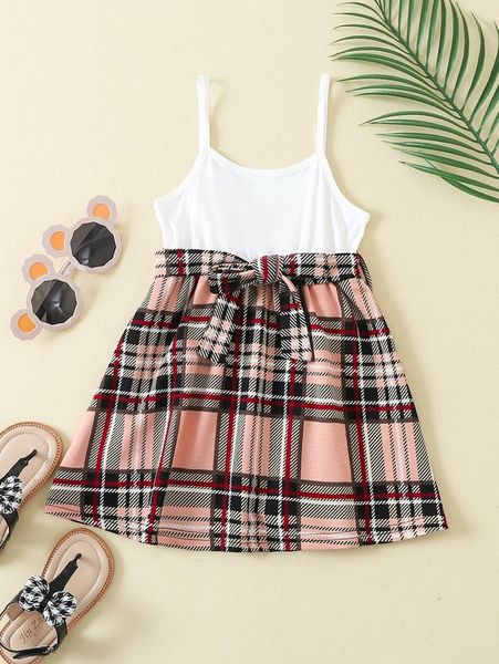 toddler girls plaid print belted cami dress she, Red;yellow 
toddler girls plaid print belted cami dress she, Red;yellow