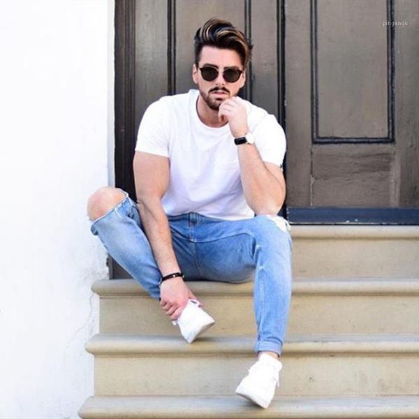 first light color jeans men knee ripped pants skinny jeans men's wear1, Blue 
first light color jeans men knee ripped pants skinny jeans men's wear1, Blue