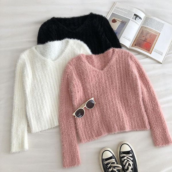 knitted cropped pullover fall 2020 women v neck long sleeve mohair sweater korean style casual soft jumper, White;black
knitted cropped pullover fall 2020 women v neck long sleeve mohair sweater korean style casual soft jumper, White;black
