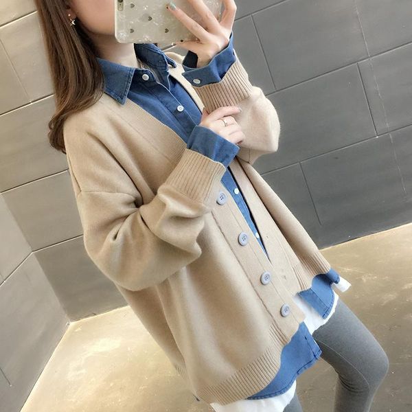 women's knits & tees knit sweater 2021 spring denim stitching fake two piece cardigan long sleeve single breasted jacket a564, White
women's knits & tees knit sweater 2021 spring denim stitching fake two piece cardigan long sleeve single breasted jacket a564, White