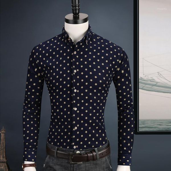 men five-pointed star printing long dress shirts casual silm fit flannel camisa masculina 20201, White;black
men five-pointed star printing long dress shirts casual silm fit flannel camisa masculina 20201, White;black