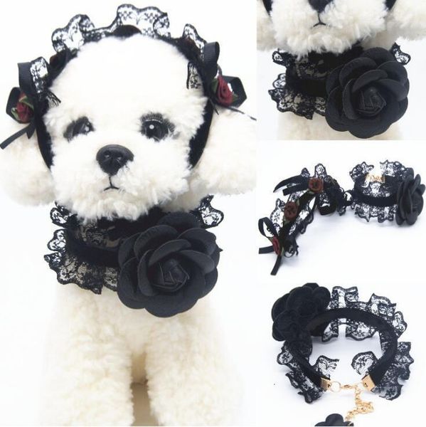 black lace mountain camellia pet hair band collar suit ts031