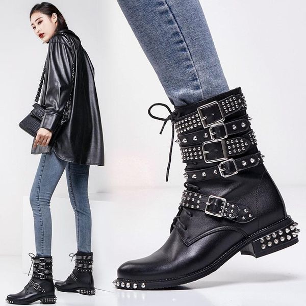 boots rivets women belt buckle thick motorcycle ankle leather lace up round toe high heels botas mujer, Black
boots rivets women belt buckle thick motorcycle ankle leather lace up round toe high heels botas mujer, Black