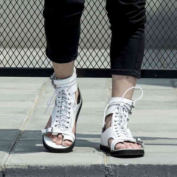 

black flip white flops ankle gladiators flats genuine leather buckle lace up rome style punk summer sandals outdoor casual shoes