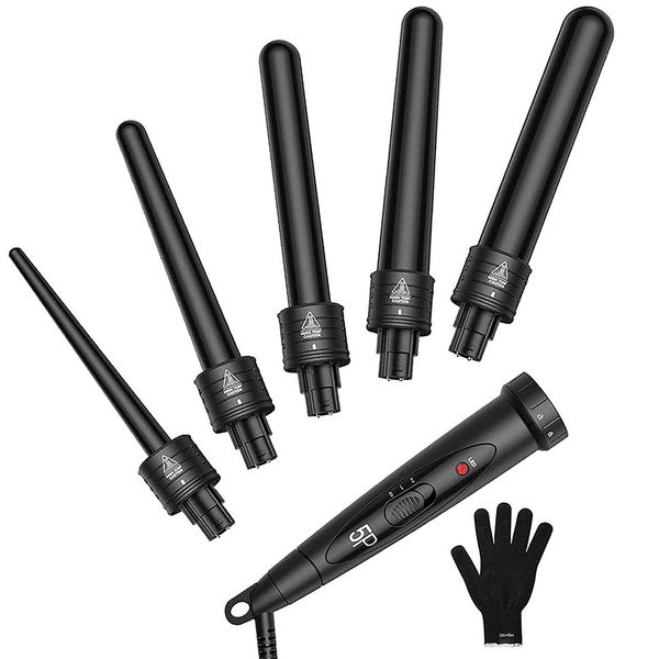 5 in 1 curling wand set with 5 interchangeable hair wand curling iron ceramic barrels and a heat protective glove, black
5 in 1 curling wand set with 5 interchangeable hair wand curling iron ceramic barrels and a heat protective glove, black