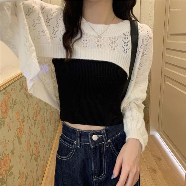 2 pieces set long sleeve lady's hollow short type sweater with slim knitwear camisole vest1, White;black
2 pieces set long sleeve lady's hollow short type sweater with slim knitwear camisole vest1, White;black