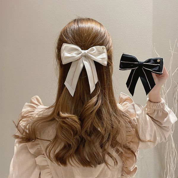 new korean temperament small fragrance imitation pearl chain bow spring clip hair accessories fashion female barrettes headdress, Slivery;white