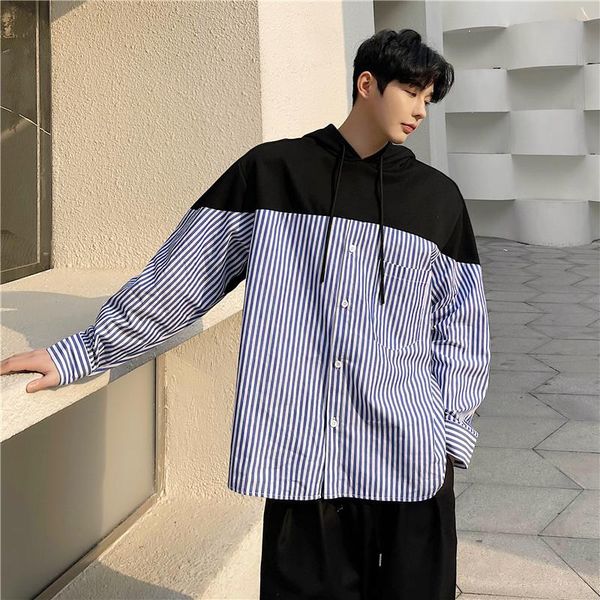 men's casual shirts men long sleeve loose stripe splice hooded shirt outerwear teens student male women streetwear coat, White;black
men's casual shirts men long sleeve loose stripe splice hooded shirt outerwear teens student male women streetwear coat, White;black
