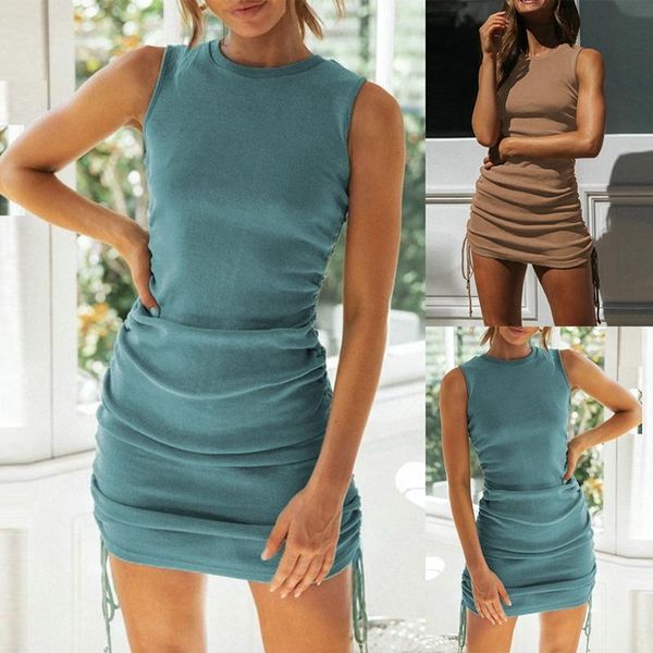 women's summer round neck sleeveless slim drawstring ruched dress, Black;gray 
women's summer round neck sleeveless slim drawstring ruched dress, Black;gray