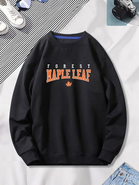 men letter & maple leaf print pullover 76bt#, Black