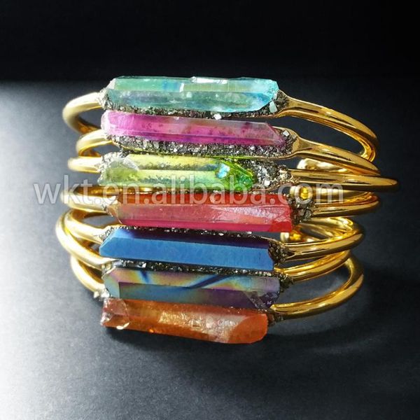 wt-b212 new ipg gold trim brass rainbow aqua aura stone crystal point bangle pyrite handmade natural crystal stone jewelry, Black
wt-b212 new ipg gold trim brass rainbow aqua aura stone crystal point bangle pyrite handmade natural crystal stone jewelry, Black