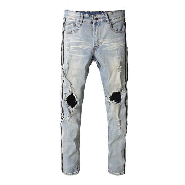 new men's male trousers summer slim fit jeans knee holes beggar denim light-colored social guy pants, Blue
new men's male trousers summer slim fit jeans knee holes beggar denim light-colored social guy pants, Blue
