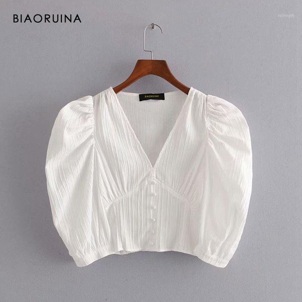biaoruina women fashion white pleated fabric single breasted shirt v-neck female summer high waist short elegant blouse1
biaoruina women fashion white pleated fabric single breasted shirt v-neck female summer high waist short elegant blouse1
