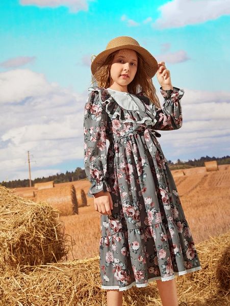 girls eyelet embroidery ruffle trim belted floral dress she, Red;yellow 
girls eyelet embroidery ruffle trim belted floral dress she, Red;yellow