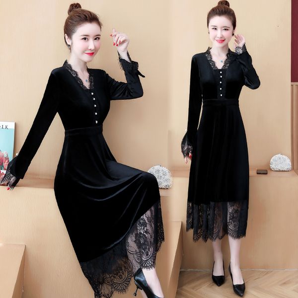 of women with low-necked v lace velvet plus size dressed casual thin party long winter dress in autumn clothes do4n, Black;gray
of women with low-necked v lace velvet plus size dressed casual thin party long winter dress in autumn clothes do4n, Black;gray