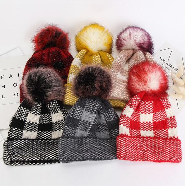 Women Lady Beanies Winter Crochet Hats Plaid Imitated Mink Wool Beanie Hat Thick Warm Knitted Hat With Pom Pom Fashion Skull Caps Ly11062