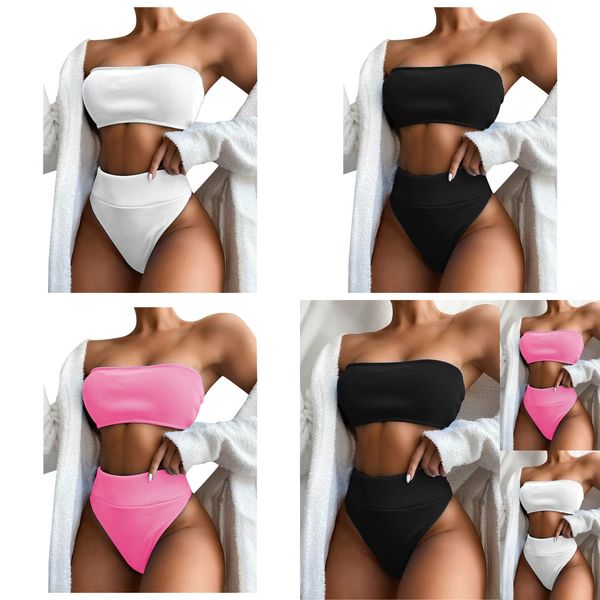 2020 high waisted strapless boob tube bikini set swimsuit two pieces solid swimwear brazilian beachwear women's biquini q0105, White;black