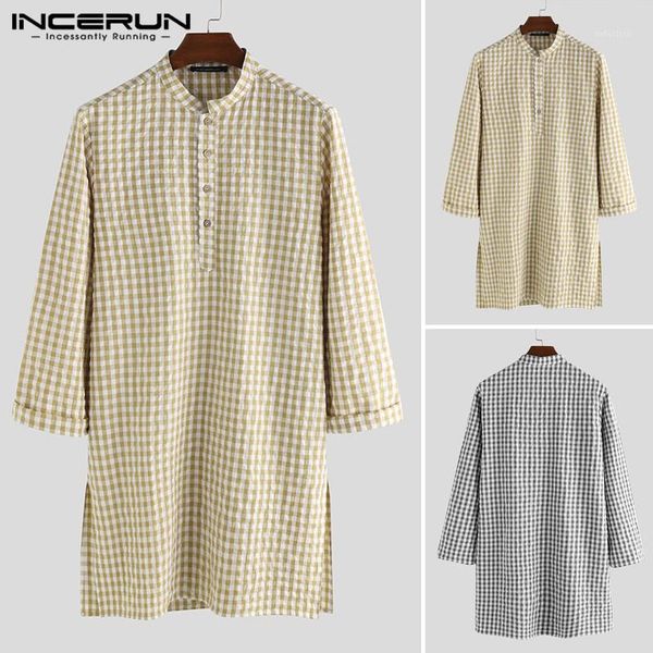 men long shirts vintage plaid shirt man casual long sleeve stand collar robe loose muslim blouse streetwear incerun1, White;black
men long shirts vintage plaid shirt man casual long sleeve stand collar robe loose muslim blouse streetwear incerun1, White;black