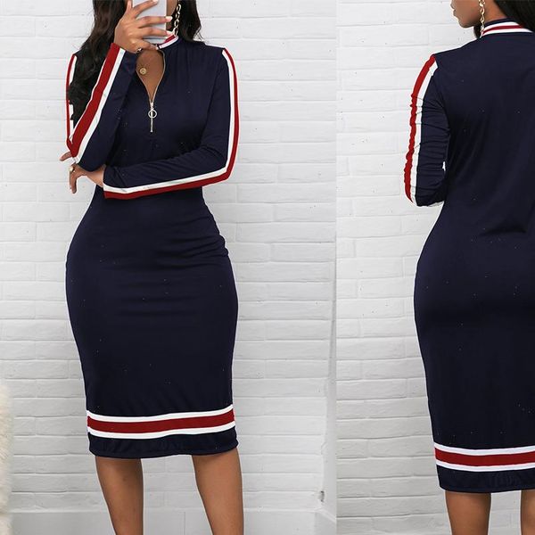 striped zipper office dress women long sleeve knee length ladies bodycon dress blue turtleneck elegant female midi dress, Black;gray
striped zipper office dress women long sleeve knee length ladies bodycon dress blue turtleneck elegant female midi dress, Black;gray