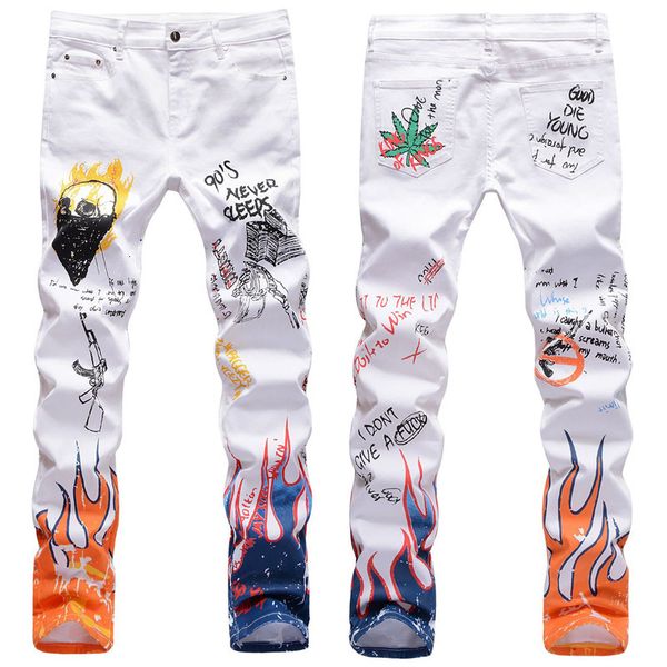 2021 new fashion lovers letter flame print black slim jeans straight color stretch skeleton graffiti street shorts man e165, Blue
2021 new fashion lovers letter flame print black slim jeans straight color stretch skeleton graffiti street shorts man e165, Blue