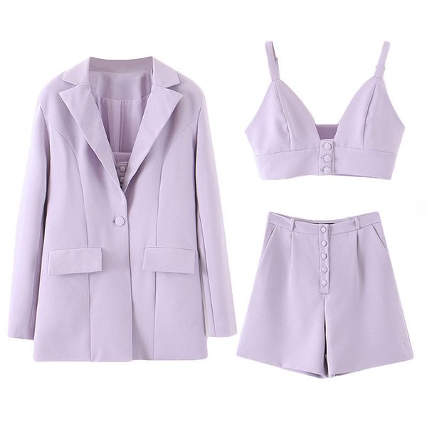 2021 new solid mode 3 female set collar inlaid single button blazer v-neck upper tube fly shorts matching sets jr3c, Gray
2021 new solid mode 3 female set collar inlaid single button blazer v-neck upper tube fly shorts matching sets jr3c, Gray