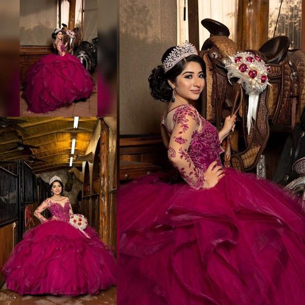 fuchsia lace beaded quinceanera prom dresses sheer neck long sleeves ruffles tiers tulle ball gown evening party sweet 16 dress al8729, Blue;red
fuchsia lace beaded quinceanera prom dresses sheer neck long sleeves ruffles tiers tulle ball gown evening party sweet 16 dress al8729, Blue;red