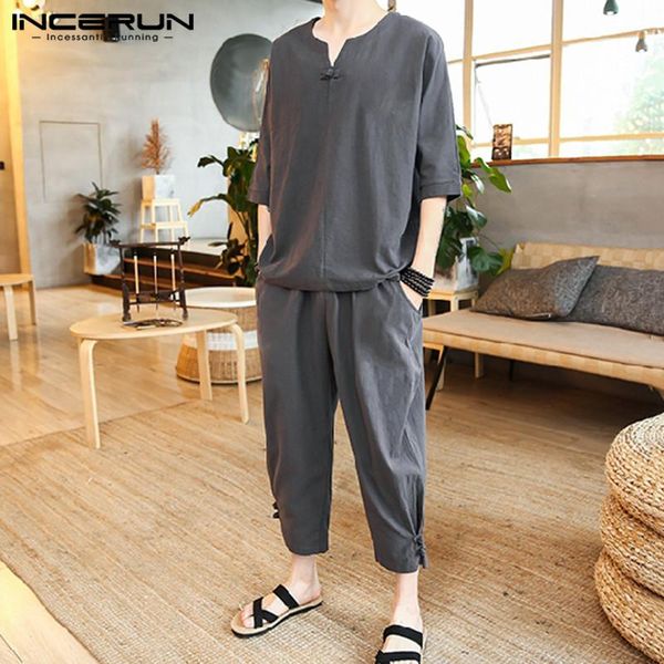 incerun chinese style suits men solid color cotton sets half sleeve v neck drawstring pants sets masculina vintage 5xl, Gray
incerun chinese style suits men solid color cotton sets half sleeve v neck drawstring pants sets masculina vintage 5xl, Gray
