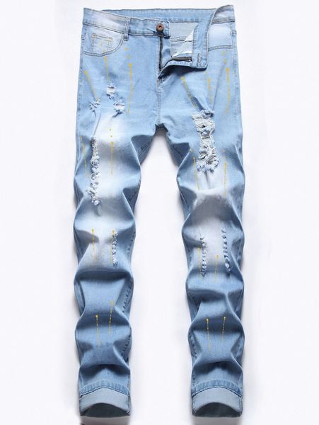 romwe guys graphic print ripped jeans a2ce#, Blue