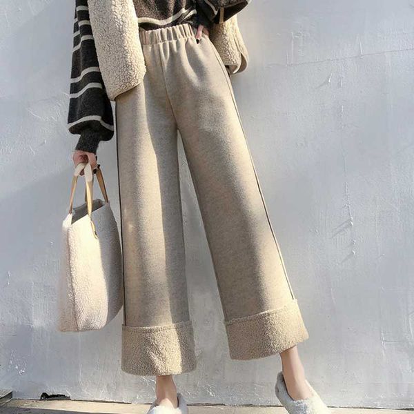 loose casual warm wide-leg pants women's autumn and winter woolen stitching lamb wool straight-leg pants simple trousers, Black;white 
loose casual warm wide-leg pants women's autumn and winter woolen stitching lamb wool straight-leg pants simple trousers, Black;white