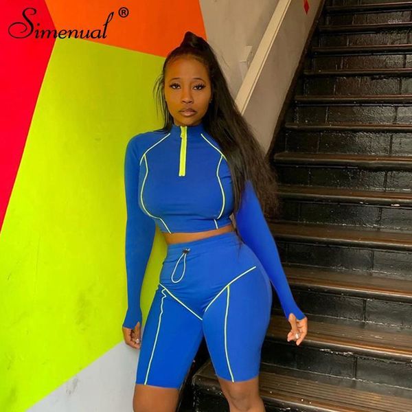 simenual sporty casual matching sets women long sleeve crop and biker shorts set neon striped zipper 2 piece tracksuits blue1, White 
simenual sporty casual matching sets women long sleeve crop and biker shorts set neon striped zipper 2 piece tracksuits blue1, White