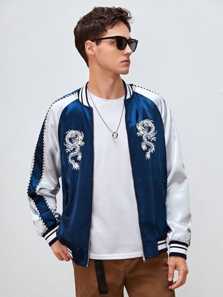 men colorblock japanese letter & chinese dragon print zipper bomber jacket r7mf#, Black;brown
men colorblock japanese letter & chinese dragon print zipper bomber jacket r7mf#, Black;brown