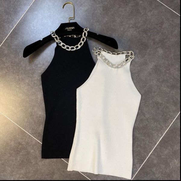 2021 new summer fashion tide casual sleeveless neck diamond chain necklace slim knitted vest women sb802, White 
2021 new summer fashion tide casual sleeveless neck diamond chain necklace slim knitted vest women sb802, White