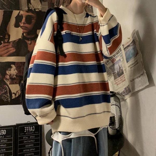 men's and women's winter thick loose languid lazy stripe knit sweater korean version leisure, White;black
men's and women's winter thick loose languid lazy stripe knit sweater korean version leisure, White;black