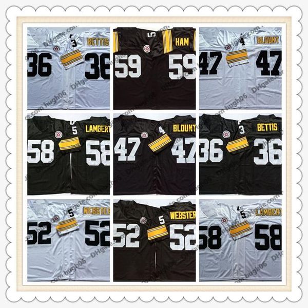 throwback pittsburgh steelers nfl 58 lambert 52 webster 47 blount 36 bettis white black football jerseys, Black;red