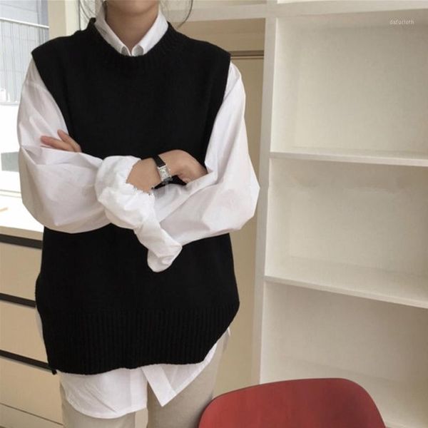 women casual sweater vest korean vintage o-neck sleeveless knit solid split pullovers knitwear 2020 winter fashion clothes1, White;black
women casual sweater vest korean vintage o-neck sleeveless knit solid split pullovers knitwear 2020 winter fashion clothes1, White;black