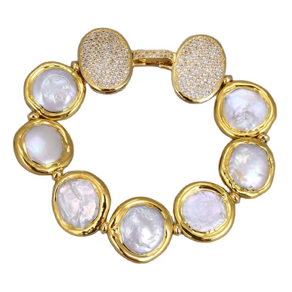 23mm natural freshwater cultured white coin pearl bracelet cubic zirconia pave clasp 8" classic style for women, Black
23mm natural freshwater cultured white coin pearl bracelet cubic zirconia pave clasp 8" classic style for women, Black