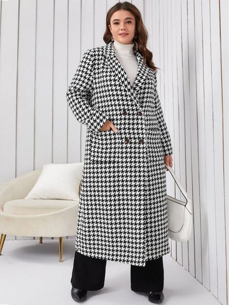 plus houndstooth double breasted lapel neck tweed overcoat e2bn#, Black