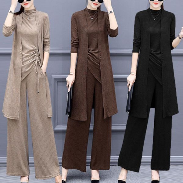 three piece set solid color loose women knit side bandage tank pants long sleeve cardigan set, Gray
three piece set solid color loose women knit side bandage tank pants long sleeve cardigan set, Gray