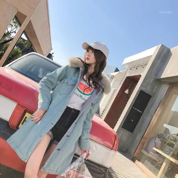 women fur collar long denim long jacket parkas1, Black