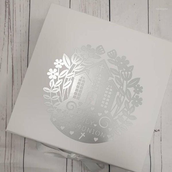 gift wrap first holy communion box, foil silver memory boxes with fixed grosgrain ribbon cutom wedding1