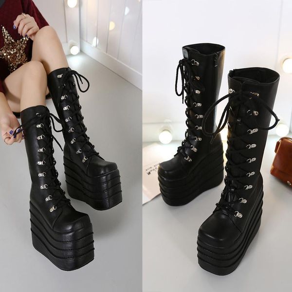 us4-11 womens punk wedge heels knee high thigh boots pu leather lace up platform shoes super high 16cm cosplay black white a4271
us4-11 womens punk wedge heels knee high thigh boots pu leather lace up platform shoes super high 16cm cosplay black white a4271