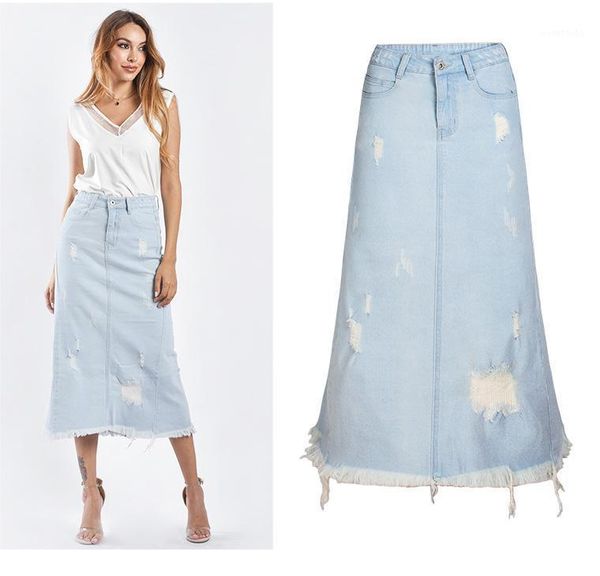 women high waist denim skirt ripped hole fringe mid-calf vintage a-line skirt korean womens light blue elegant long midi skirts1, Black
women high waist denim skirt ripped hole fringe mid-calf vintage a-line skirt korean womens light blue elegant long midi skirts1, Black