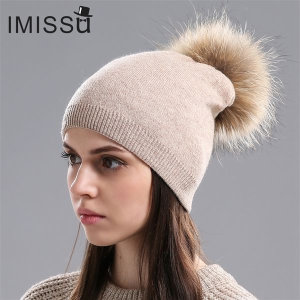 imissu winter women's hats solid color thick and warm hats real wool knitted casual beanie with raccoon fur pompom 201215, Blue;gray
imissu winter women's hats solid color thick and warm hats real wool knitted casual beanie with raccoon fur pompom 201215, Blue;gray