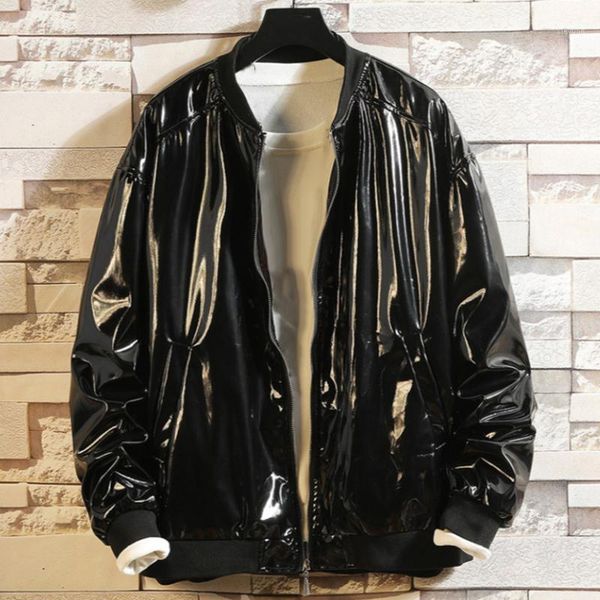 men shiny faux leather jacket baseball driving coat zipper wetlook biker outwear1, Black
men shiny faux leather jacket baseball driving coat zipper wetlook biker outwear1, Black