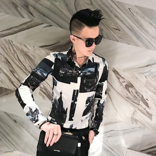 men's casual shirts british style men printed long sleeve fashion 2021 spring slim fit streetwear blouse homme all match, White;black
men's casual shirts british style men printed long sleeve fashion 2021 spring slim fit streetwear blouse homme all match, White;black
