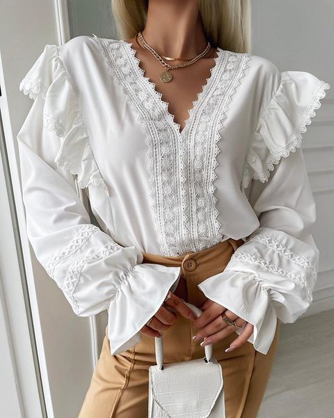 women's blouses & shirts spring autumn women contrast lace v-neck flounce sleeve 2022 femme bell v neck blouse office lady outfits, White
women's blouses & shirts spring autumn women contrast lace v-neck flounce sleeve 2022 femme bell v neck blouse office lady outfits, White